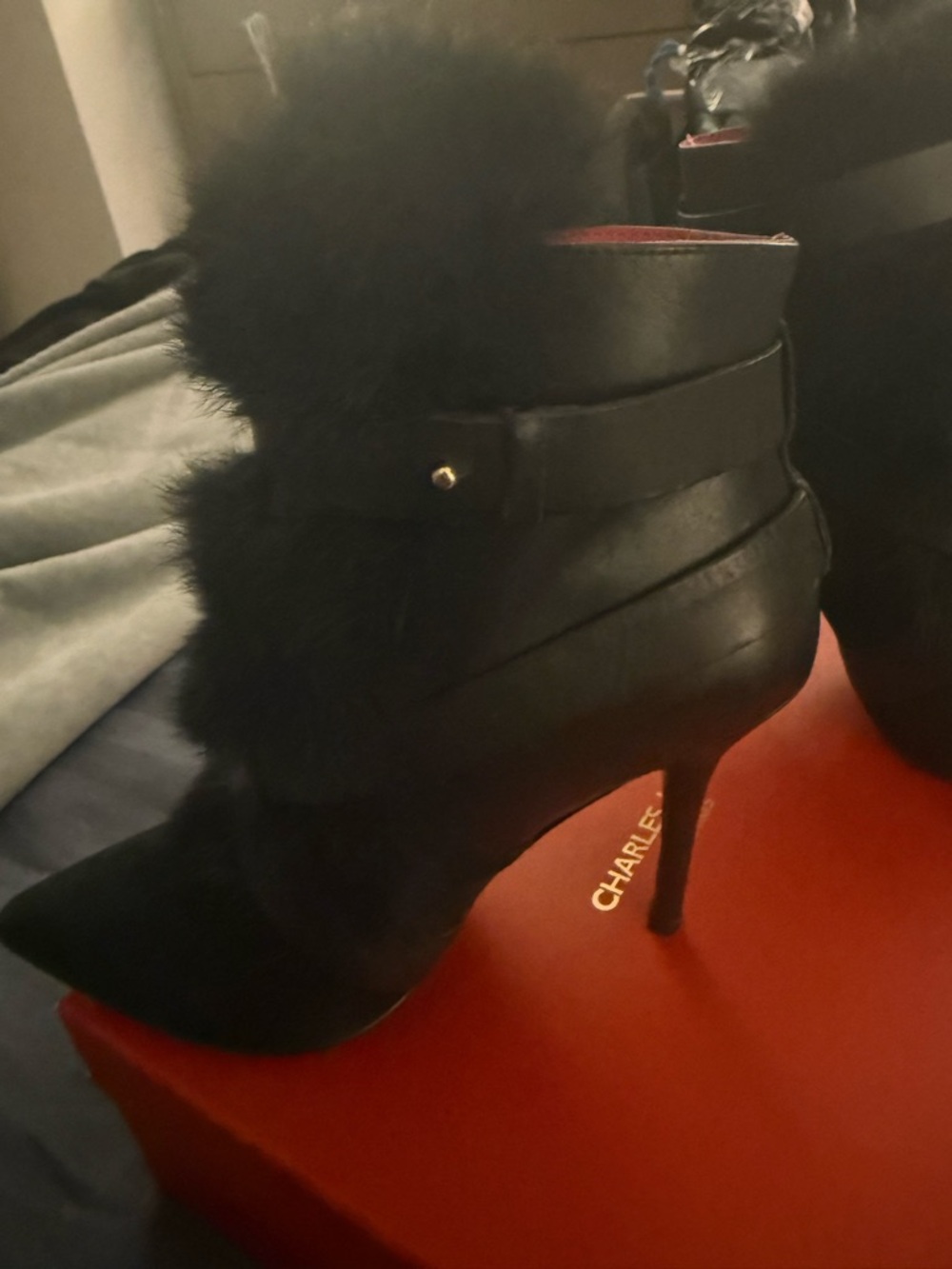 Charles Jourdan Women’s Black Fur-Strap Pointed Stiletto Boots, Size 7 - Picture 2 of 5